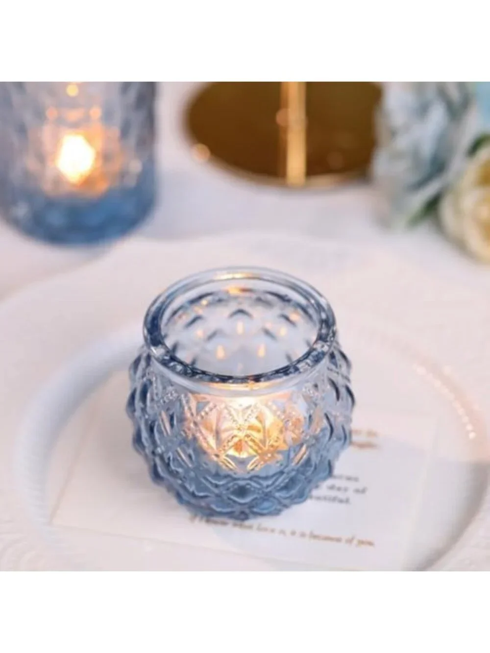 Set of 24 Blue Glass Votive Candle Holders - Round Tea Light Holders for